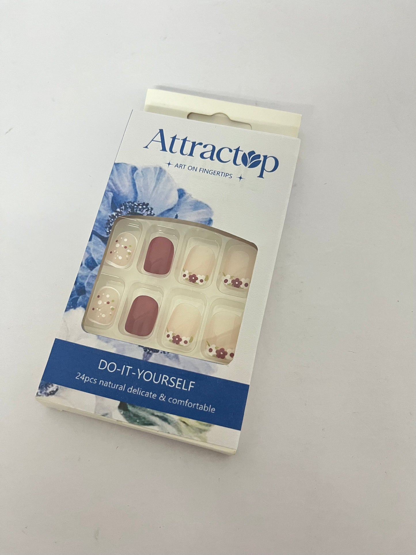 Attractop 24 Pcs Short Square Press on Nails Spring Fake Nails NEWSPIED Red Glossy Glue on Nails with Small Flower Leaf Full Cover Artificial Stick on Nails Cute Acrylic False Nails for Women Girls Manicure