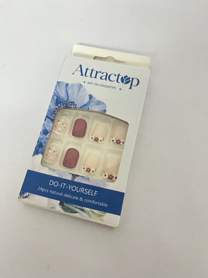 Attractop 24 Pcs Short Square Press on Nails Spring Fake Nails NEWSPIED Red Glossy Glue on Nails with Small Flower Leaf Full Cover Artificial Stick on Nails Cute Acrylic False Nails for Women Girls Manicure