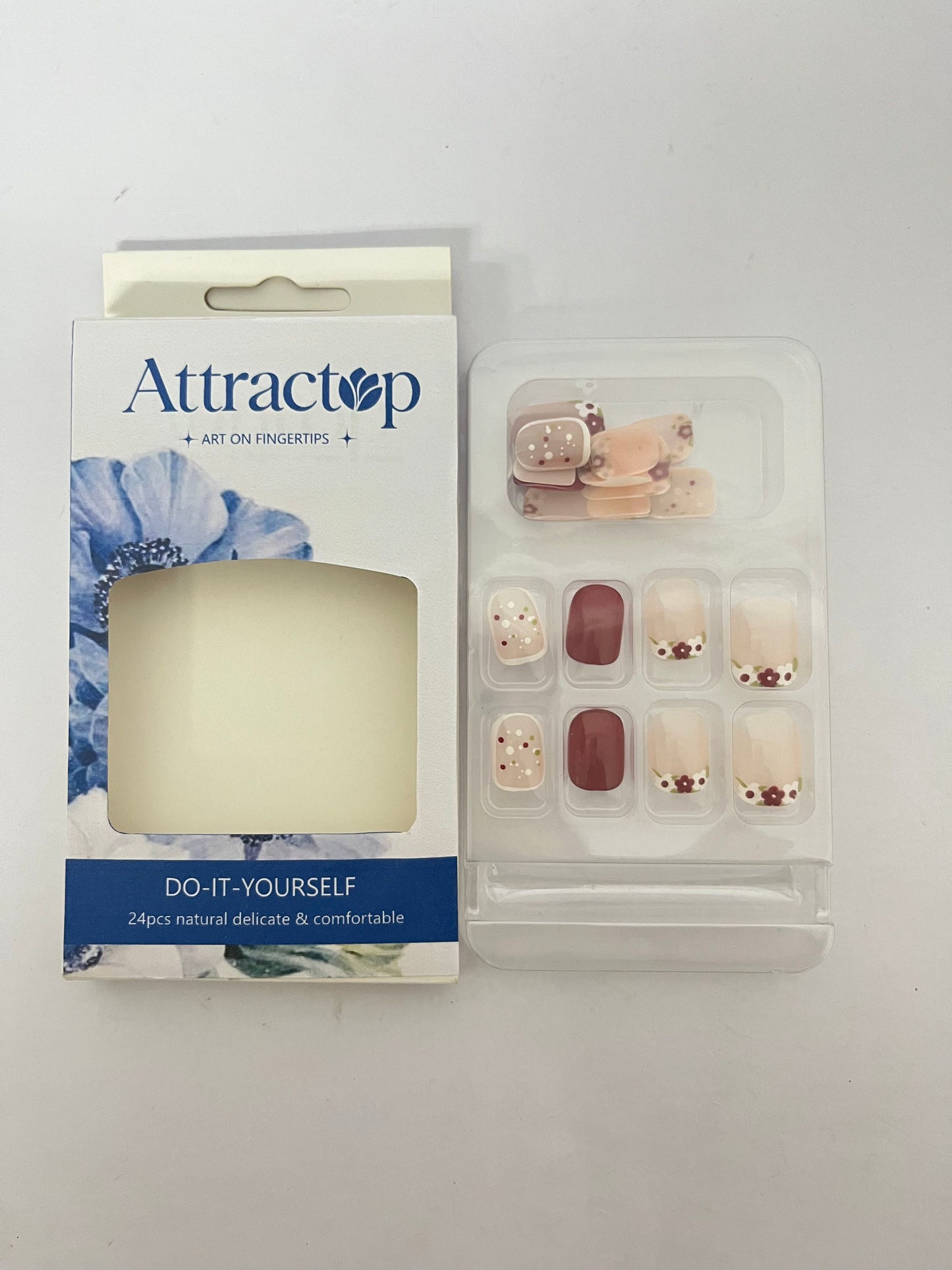Attractop 24 Pcs Short Square Press on Nails Spring Fake Nails NEWSPIED Red Glossy Glue on Nails with Small Flower Leaf Full Cover Artificial Stick on Nails Cute Acrylic False Nails for Women Girls Manicure