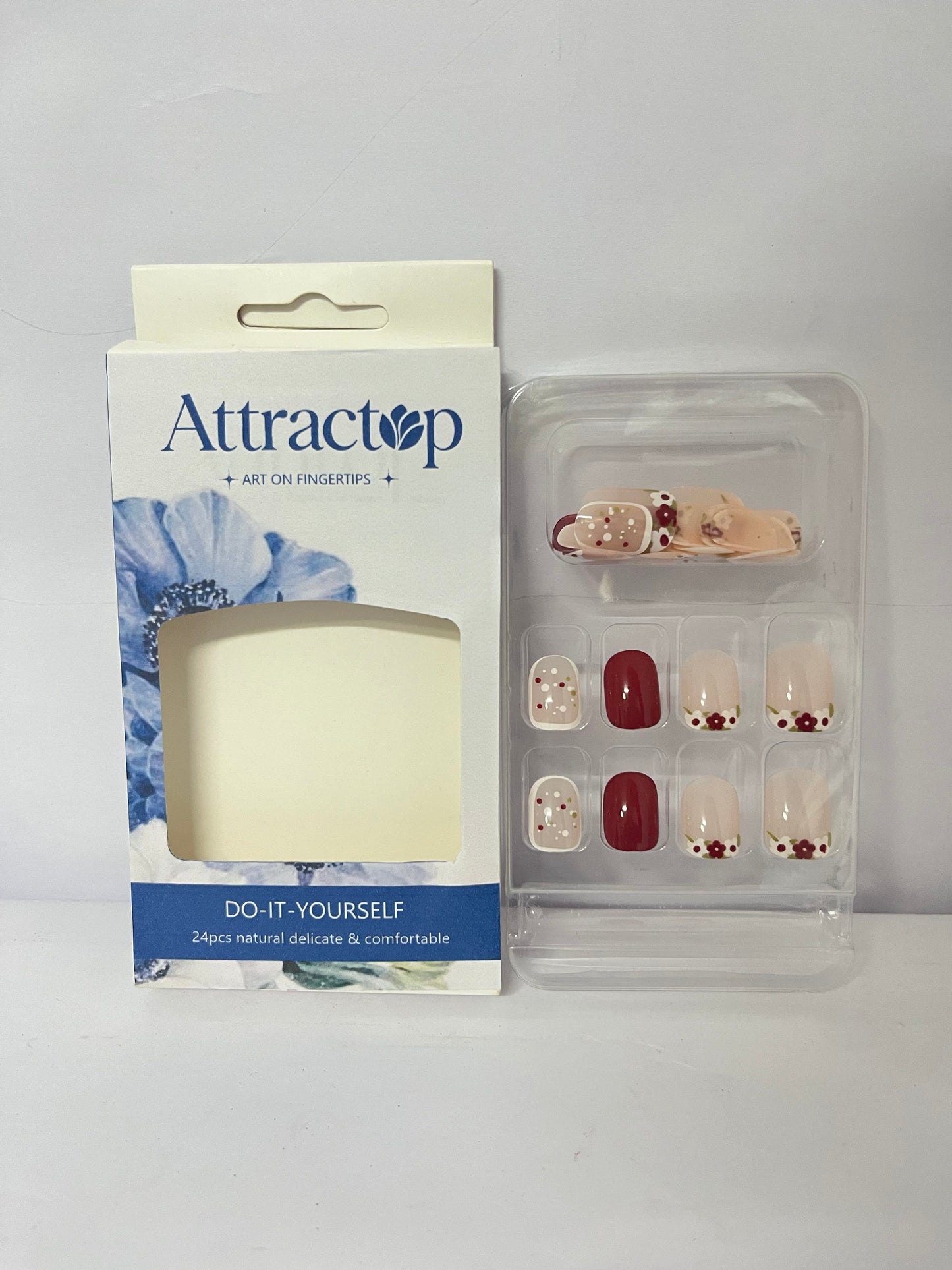 Attractop 24 Pcs Short Square Press on Nails Spring Fake Nails NEWSPIED Red Glossy Glue on Nails with Small Flower Leaf Full Cover Artificial Stick on Nails Cute Acrylic False Nails for Women Girls Manicure