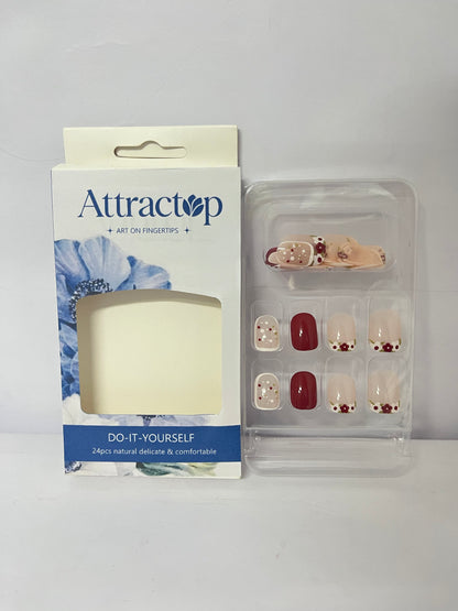 Attractop 24 Pcs Short Square Press on Nails Spring Fake Nails NEWSPIED Red Glossy Glue on Nails with Small Flower Leaf Full Cover Artificial Stick on Nails Cute Acrylic False Nails for Women Girls Manicure