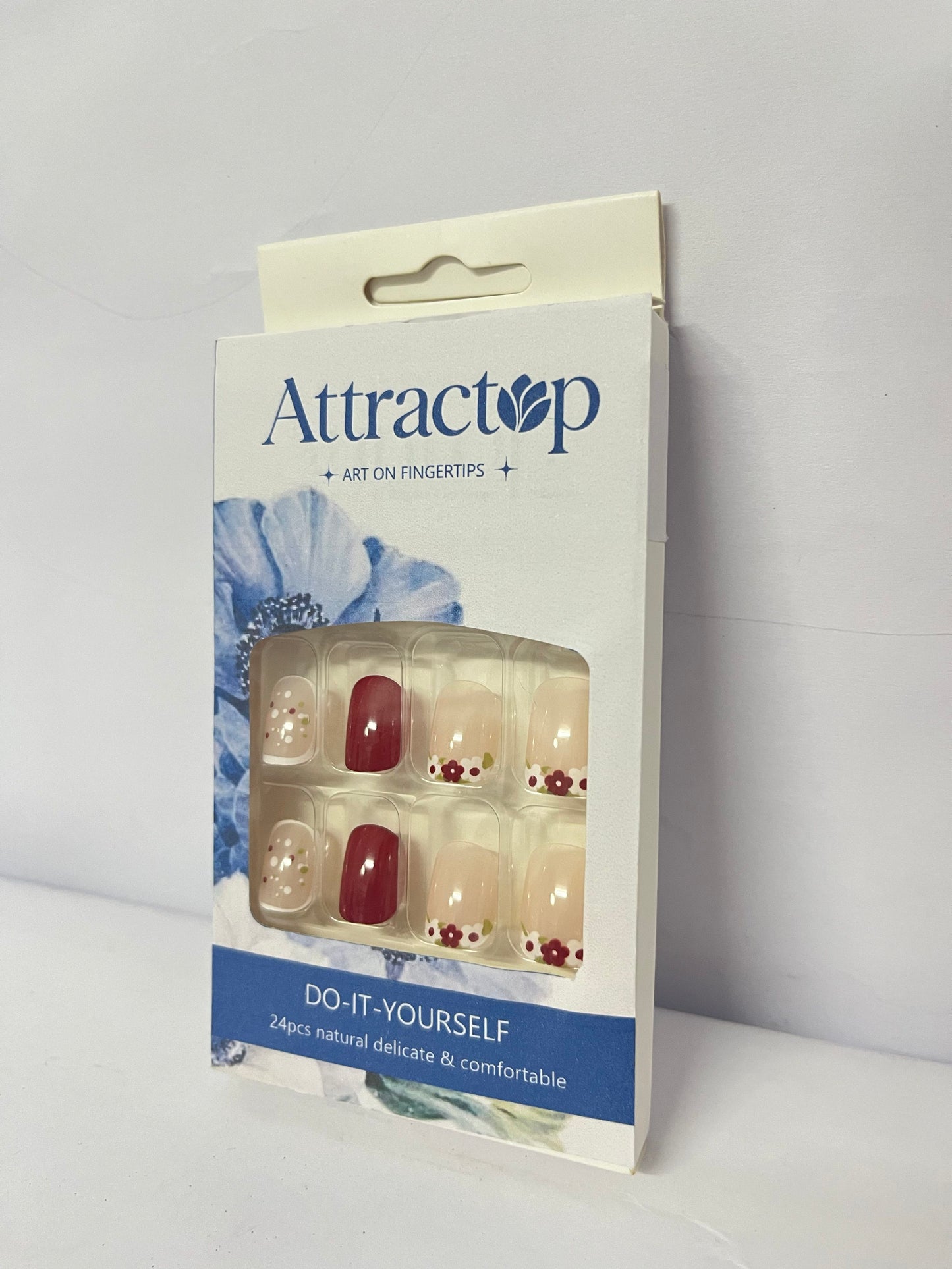 Attractop 24 Pcs Short Square Press on Nails Spring Fake Nails NEWSPIED Red Glossy Glue on Nails with Small Flower Leaf Full Cover Artificial Stick on Nails Cute Acrylic False Nails for Women Girls Manicure