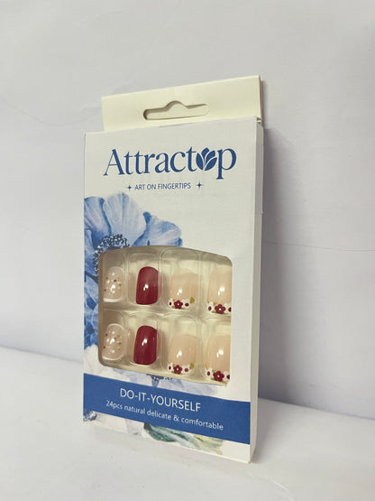 Attractop 24 Pcs Short Square Press on Nails Spring Fake Nails NEWSPIED Red Glossy Glue on Nails with Small Flower Leaf Full Cover Artificial Stick on Nails Cute Acrylic False Nails for Women Girls Manicure