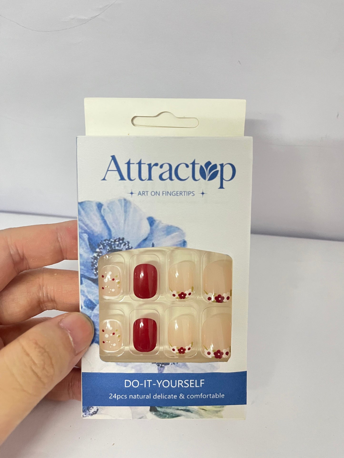 Attractop 24 Pcs Short Square Press on Nails Spring Fake Nails NEWSPIED Red Glossy Glue on Nails with Small Flower Leaf Full Cover Artificial Stick on Nails Cute Acrylic False Nails for Women Girls Manicure