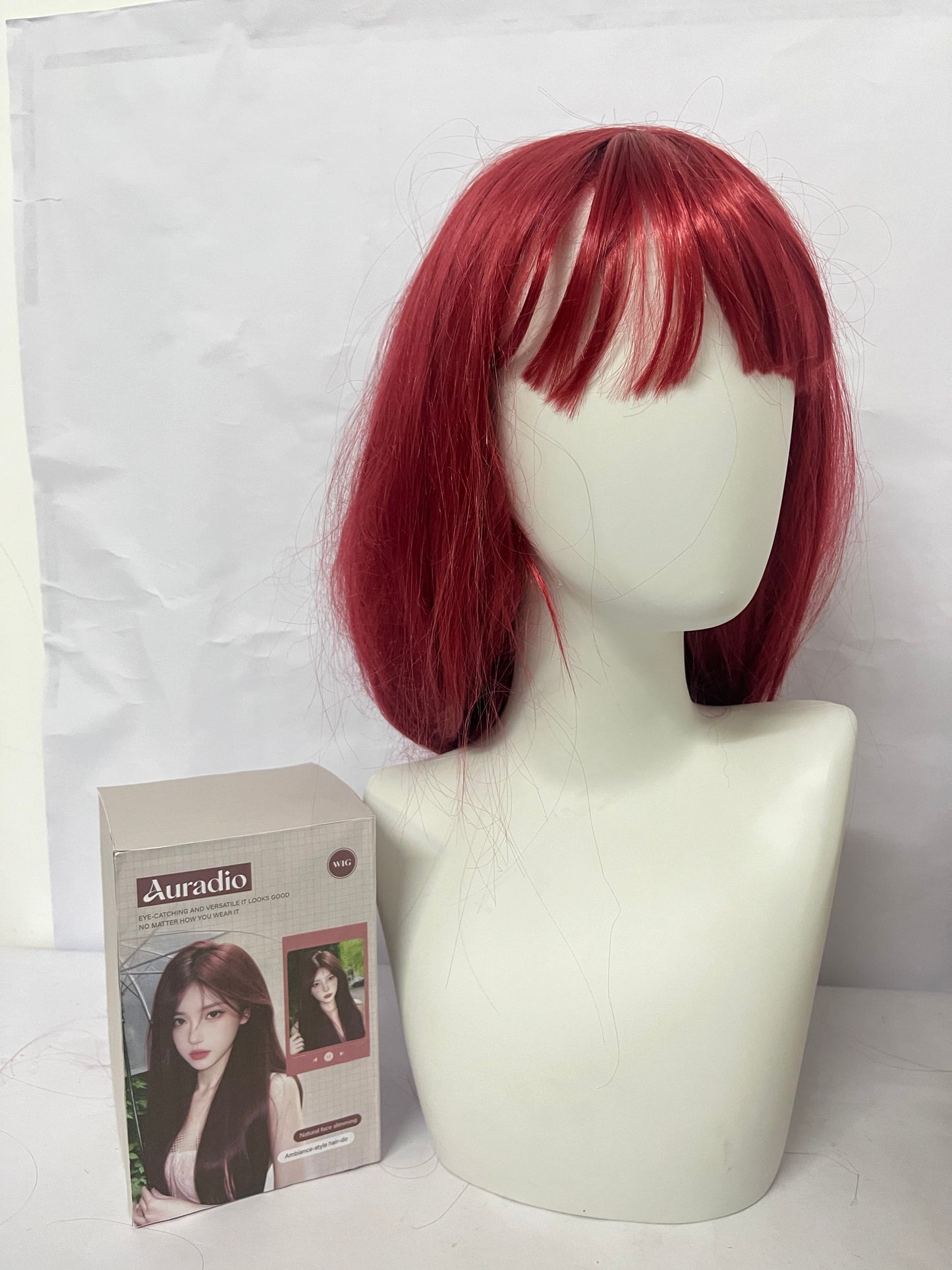 Auradio Wine Red Bangs Medium-length Wig - Versatile Styling, A Fashionable Hair Accessory for Easy Handling