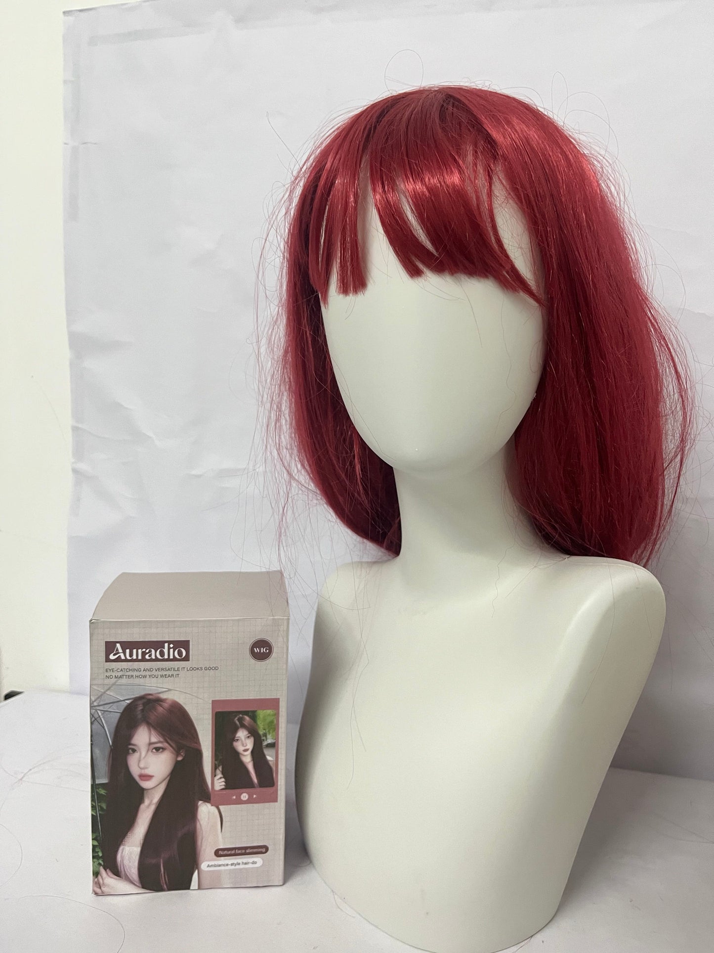 Auradio Wine Red Bangs Medium-length Wig - Versatile Styling, A Fashionable Hair Accessory for Easy Handling