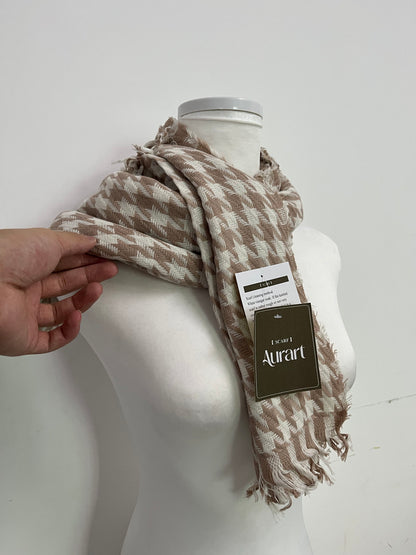 Aurart Brown and White Houndstooth Scarf: An Elegant Fusion of Classic Plaid and Textured Dressing