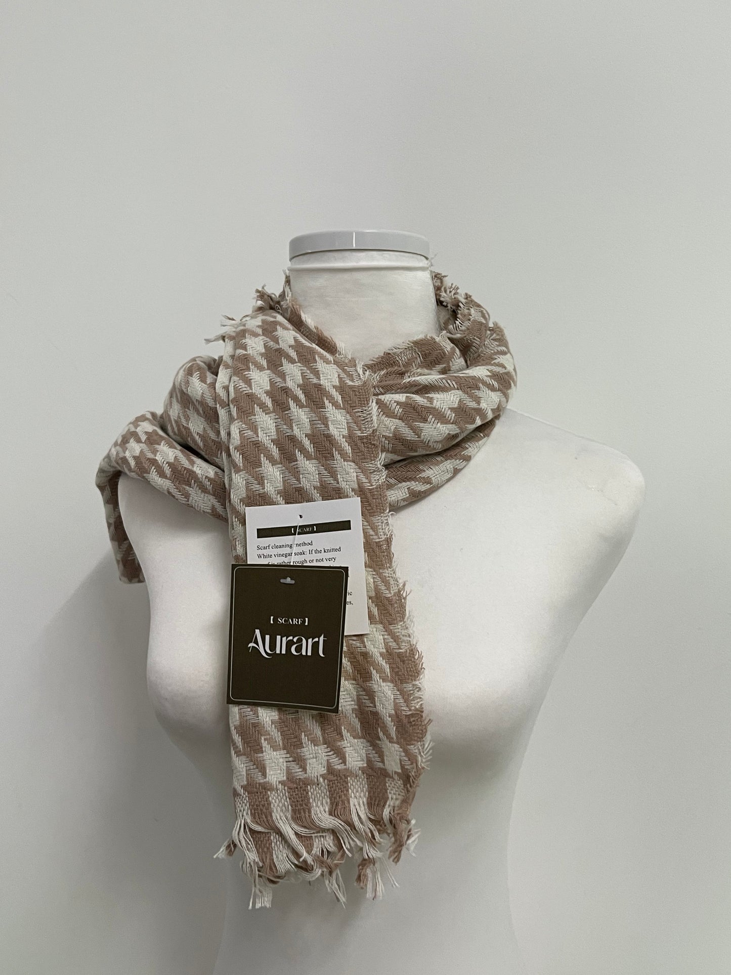 Aurart Brown and White Houndstooth Scarf: An Elegant Fusion of Classic Plaid and Textured Dressing