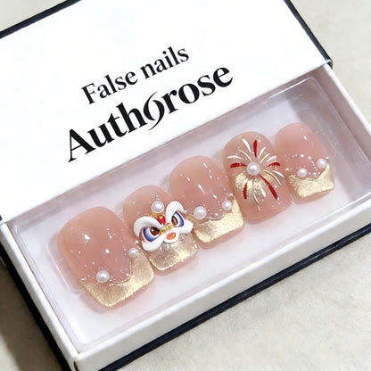 【Authorose Reusable Press-On Nails】—— Exquisite Lion Dance & Fireworks Motifs for Celebratory Occasions