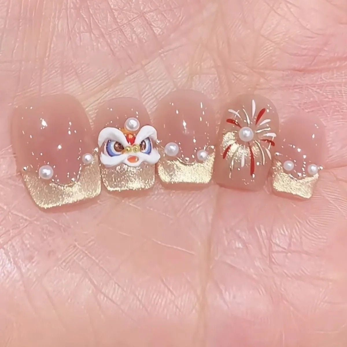 【Authorose Reusable Press-On Nails】—— Exquisite Lion Dance & Fireworks Motifs for Celebratory Occasions