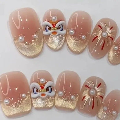 【Authorose Reusable Press-On Nails】—— Exquisite Lion Dance & Fireworks Motifs for Celebratory Occasions