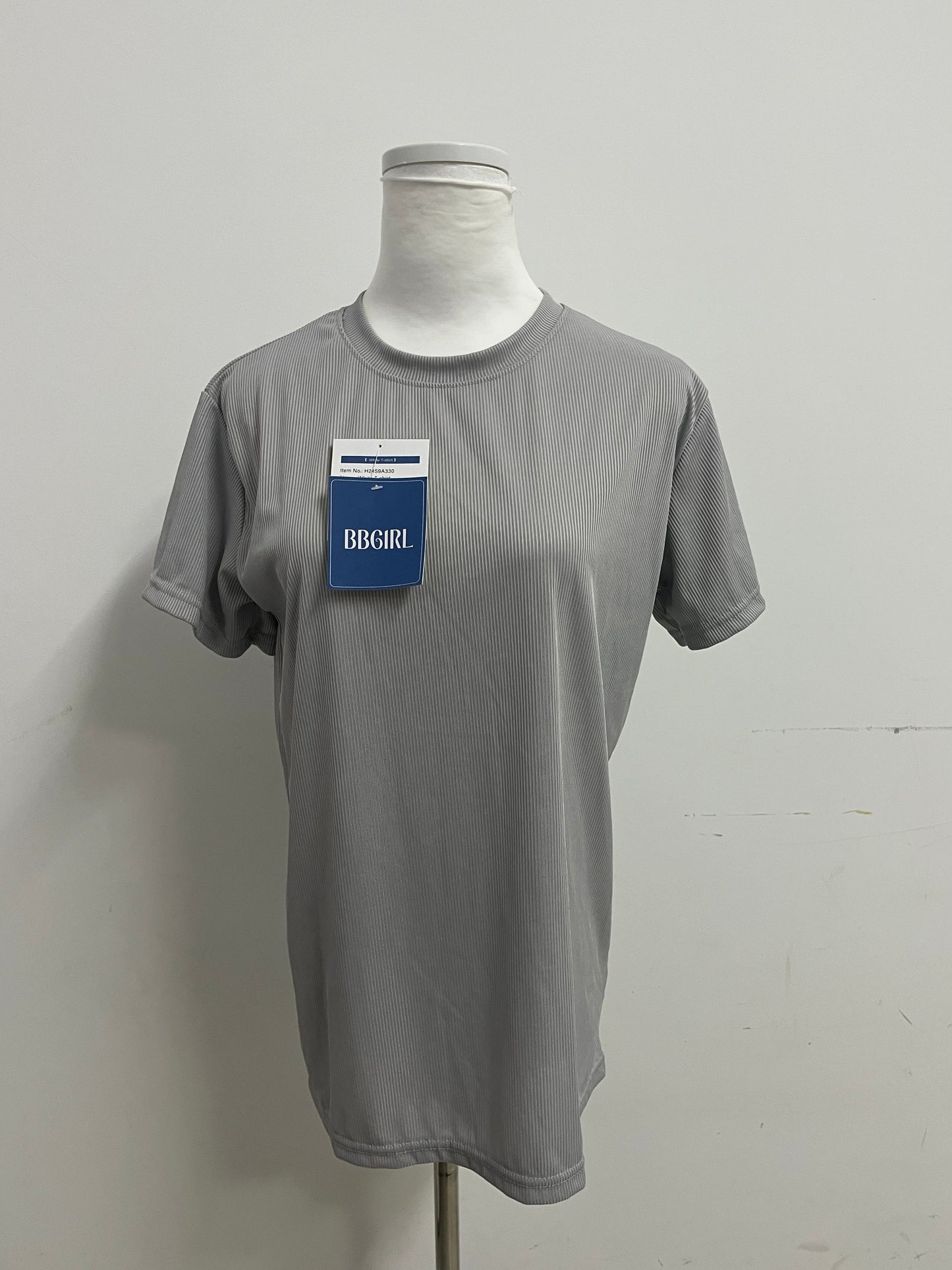 BBGIRL Light Gray Ribbed T-Shirt: Soft Stretch Fabric Crew Neck Top for Daily Casual Wear