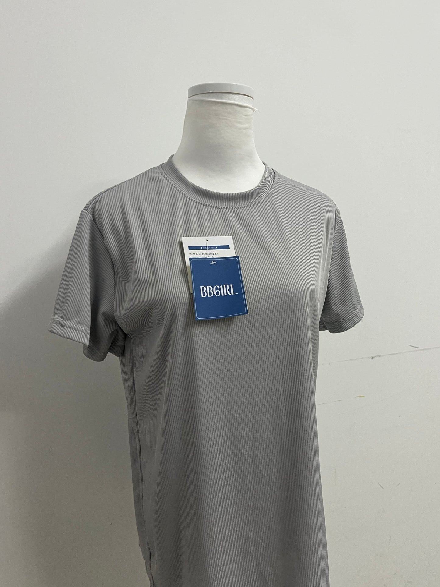 BBGIRL Light Gray Ribbed T-Shirt: Soft Stretch Fabric Crew Neck Top for Daily Casual Wear
