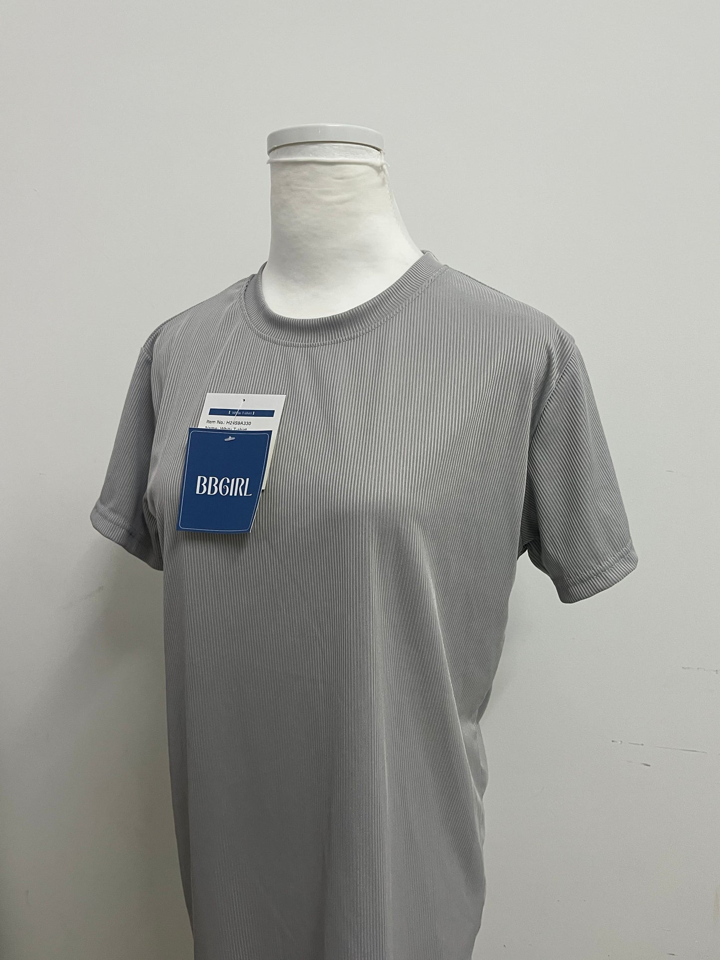 BBGIRL Light Gray Ribbed T-Shirt: Soft Stretch Fabric Crew Neck Top for Daily Casual Wear