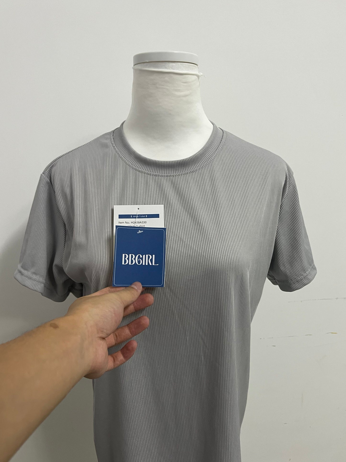 BBGIRL Light Gray Ribbed T-Shirt: Soft Stretch Fabric Crew Neck Top for Daily Casual Wear