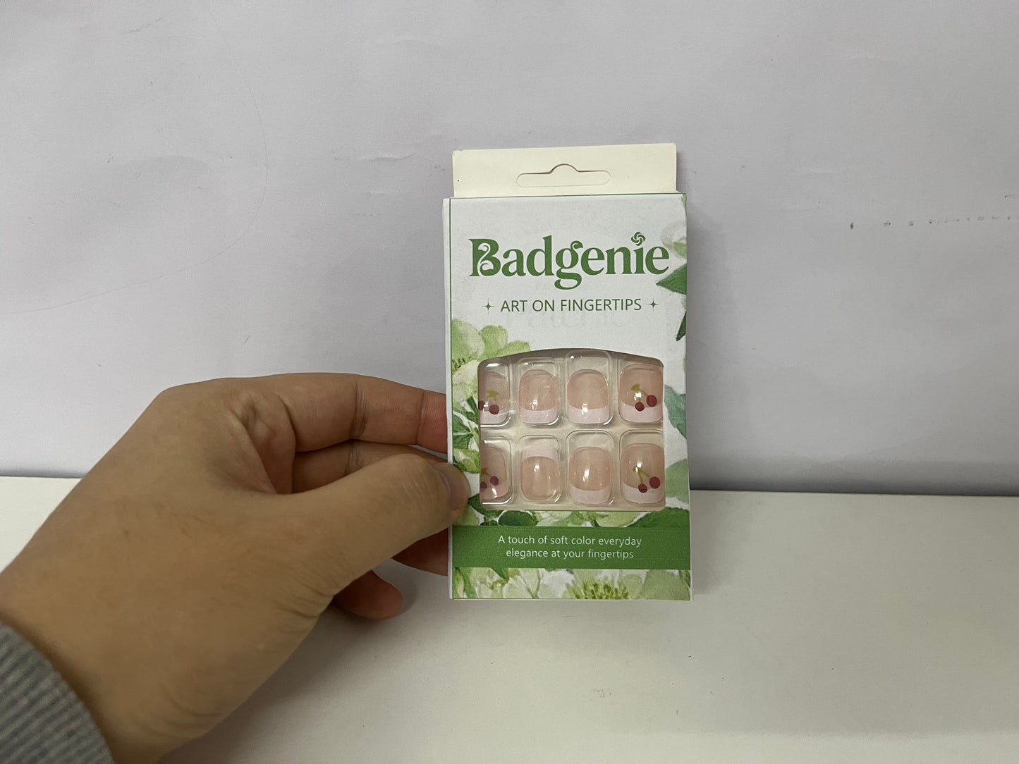 Badgenie False Nails - Pink Cherry Pattern Short Square Press-On Nails