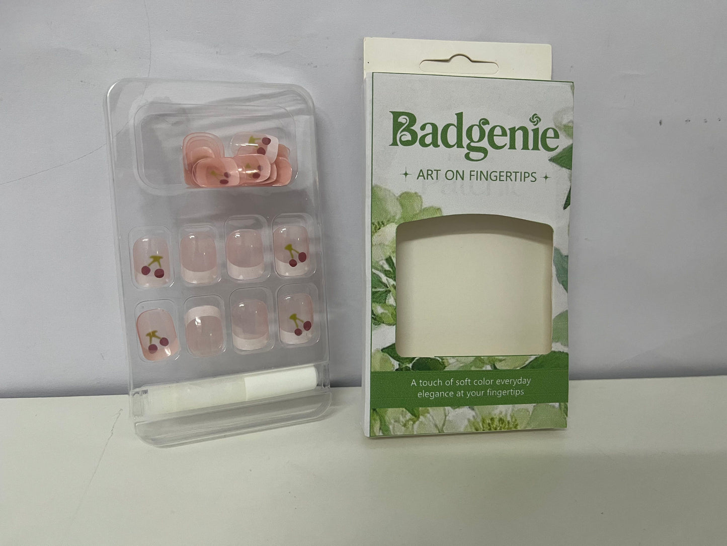 Badgenie False Nails - Pink Cherry Pattern Short Square Press-On Nails
