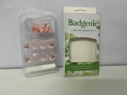 Badgenie False Nails - Pink Cherry Pattern Short Square Press-On Nails