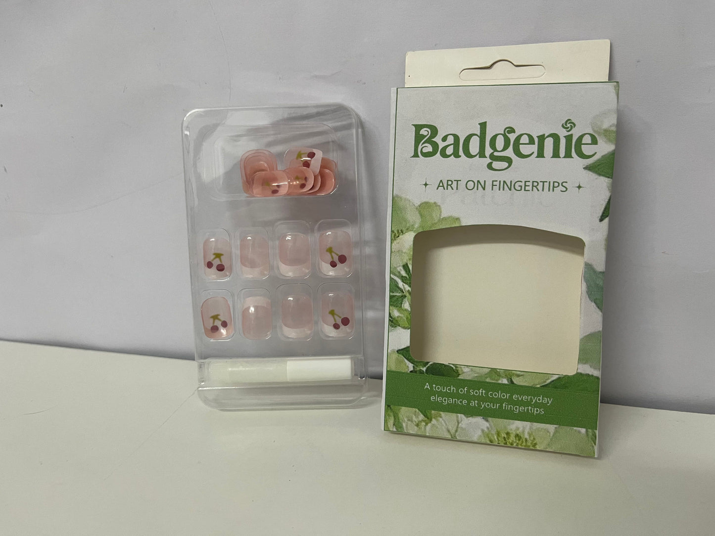 Badgenie False Nails - Pink Cherry Pattern Short Square Press-On Nails