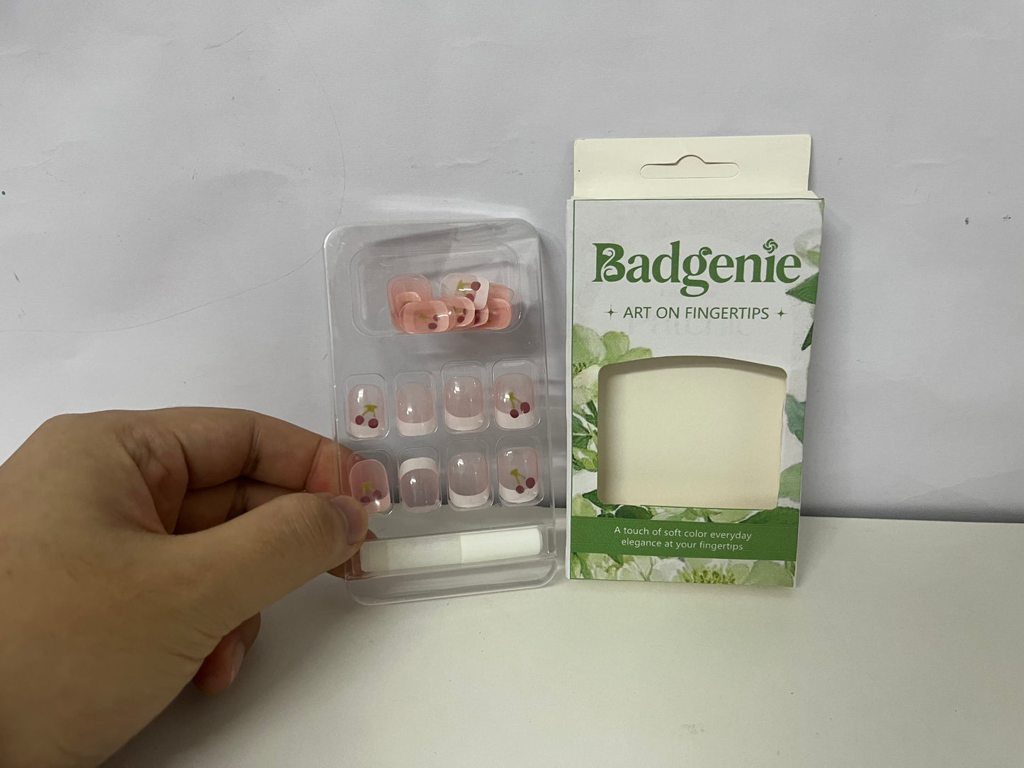 Badgenie False Nails - Pink Cherry Pattern Short Square Press-On Nails