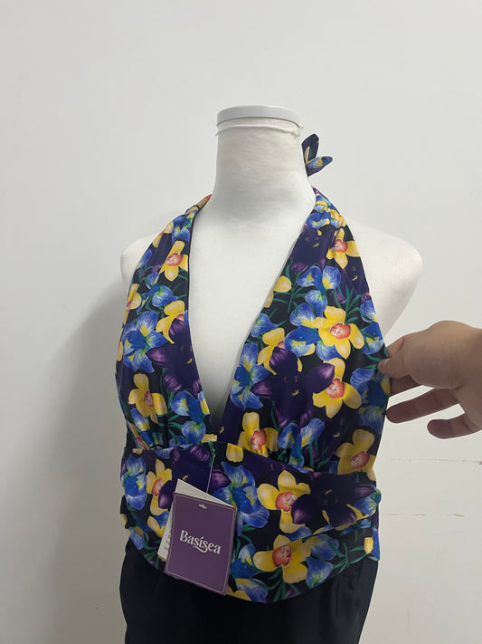 Basisea Retro Floral Halter Two-Piece Swimsuit for Women, Adjustable Neck Tie Deep V Ruched Waist Bathing Suit with High Elastic Quick-Dry Fabric, Vintage Yellow Blue Flower Print Beach Pool Swimwear