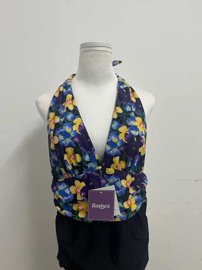 Basisea Retro Floral Halter Two-Piece Swimsuit for Women, Adjustable Neck Tie Deep V Ruched Waist Bathing Suit with High Elastic Quick-Dry Fabric, Vintage Yellow Blue Flower Print Beach Pool Swimwear