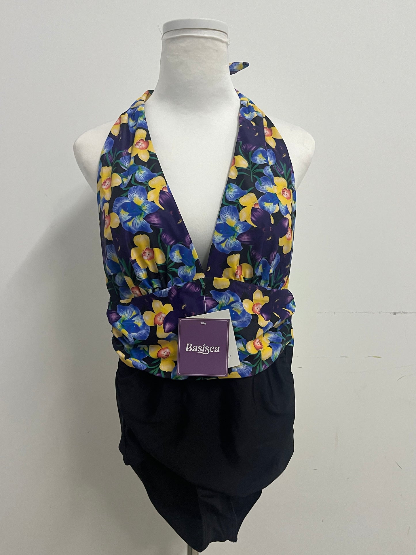 Basisea Retro Floral Halter Two-Piece Swimsuit for Women, Adjustable Neck Tie Deep V Ruched Waist Bathing Suit with High Elastic Quick-Dry Fabric, Vintage Yellow Blue Flower Print Beach Pool Swimwear