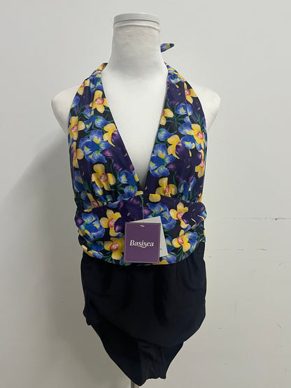 Basisea Retro Floral Halter Two-Piece Swimsuit for Women, Adjustable Neck Tie Deep V Ruched Waist Bathing Suit with High Elastic Quick-Dry Fabric, Vintage Yellow Blue Flower Print Beach Pool Swimwear