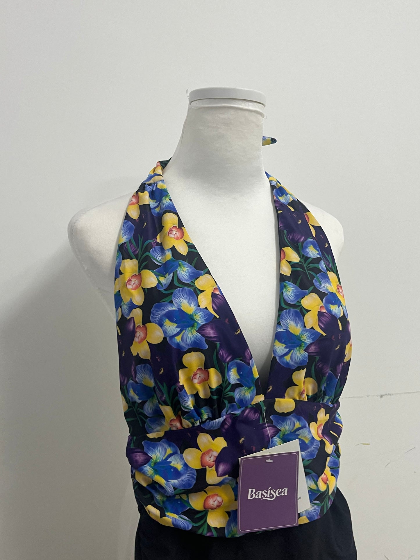 Basisea Retro Floral Halter Two-Piece Swimsuit for Women, Adjustable Neck Tie Deep V Ruched Waist Bathing Suit with High Elastic Quick-Dry Fabric, Vintage Yellow Blue Flower Print Beach Pool Swimwear