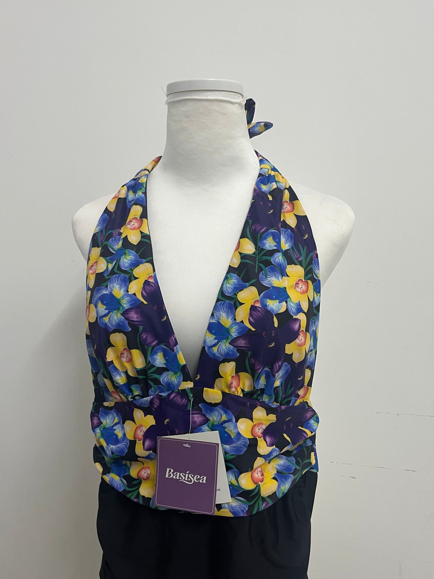 Basisea Retro Floral Halter Two-Piece Swimsuit for Women, Adjustable Neck Tie Deep V Ruched Waist Bathing Suit with High Elastic Quick-Dry Fabric, Vintage Yellow Blue Flower Print Beach Pool Swimwear