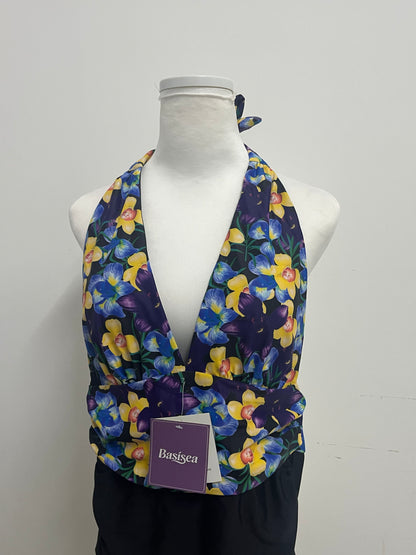 Basisea Retro Floral Halter Two-Piece Swimsuit for Women, Adjustable Neck Tie Deep V Ruched Waist Bathing Suit with High Elastic Quick-Dry Fabric, Vintage Yellow Blue Flower Print Beach Pool Swimwear