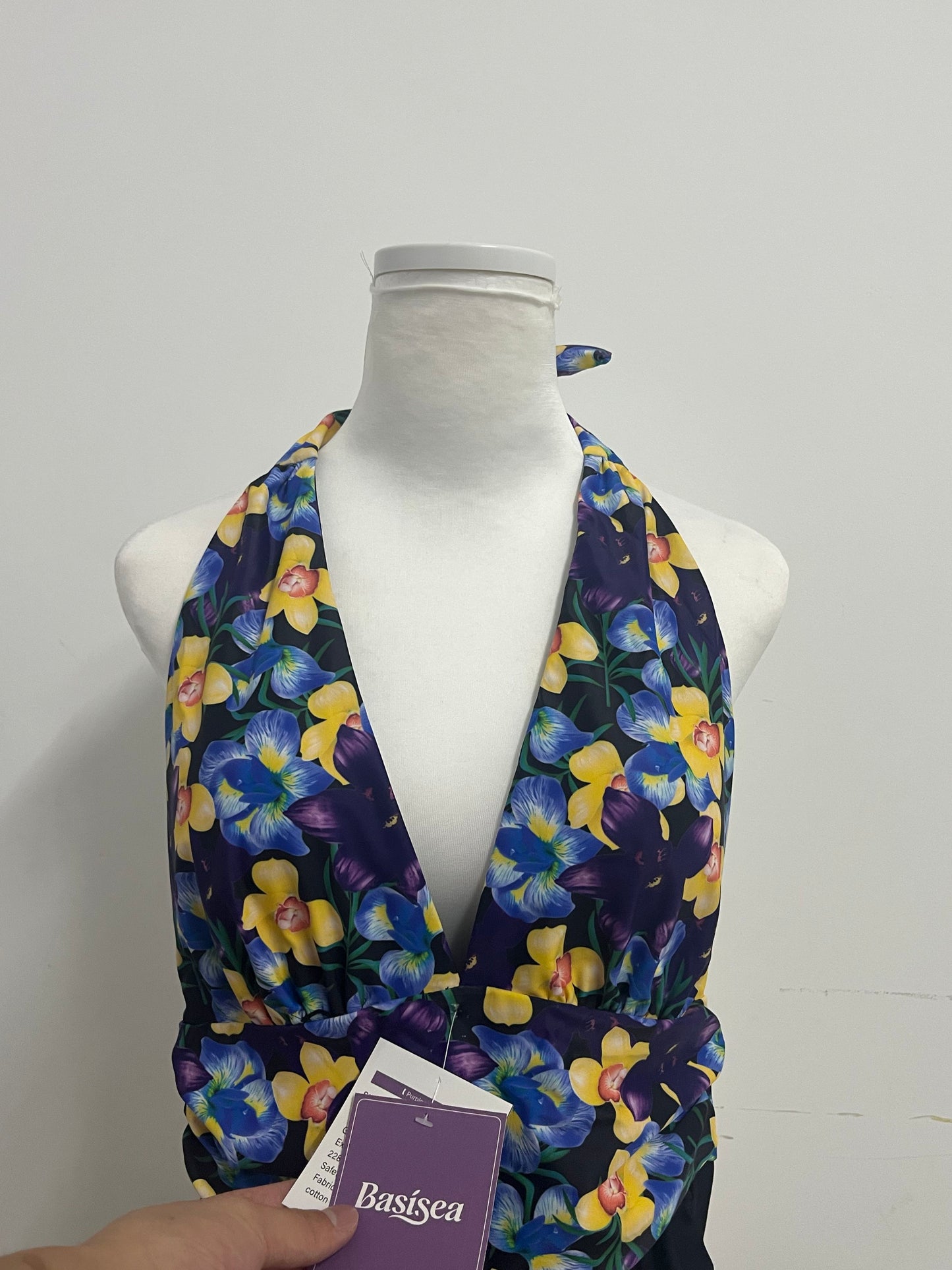 Basisea Retro Floral Halter Two-Piece Swimsuit for Women, Adjustable Neck Tie Deep V Ruched Waist Bathing Suit with High Elastic Quick-Dry Fabric, Vintage Yellow Blue Flower Print Beach Pool Swimwear