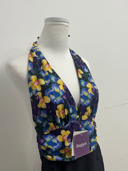 Basisea Retro Floral Halter Two-Piece Swimsuit for Women, Adjustable Neck Tie Deep V Ruched Waist Bathing Suit with High Elastic Quick-Dry Fabric, Vintage Yellow Blue Flower Print Beach Pool Swimwear