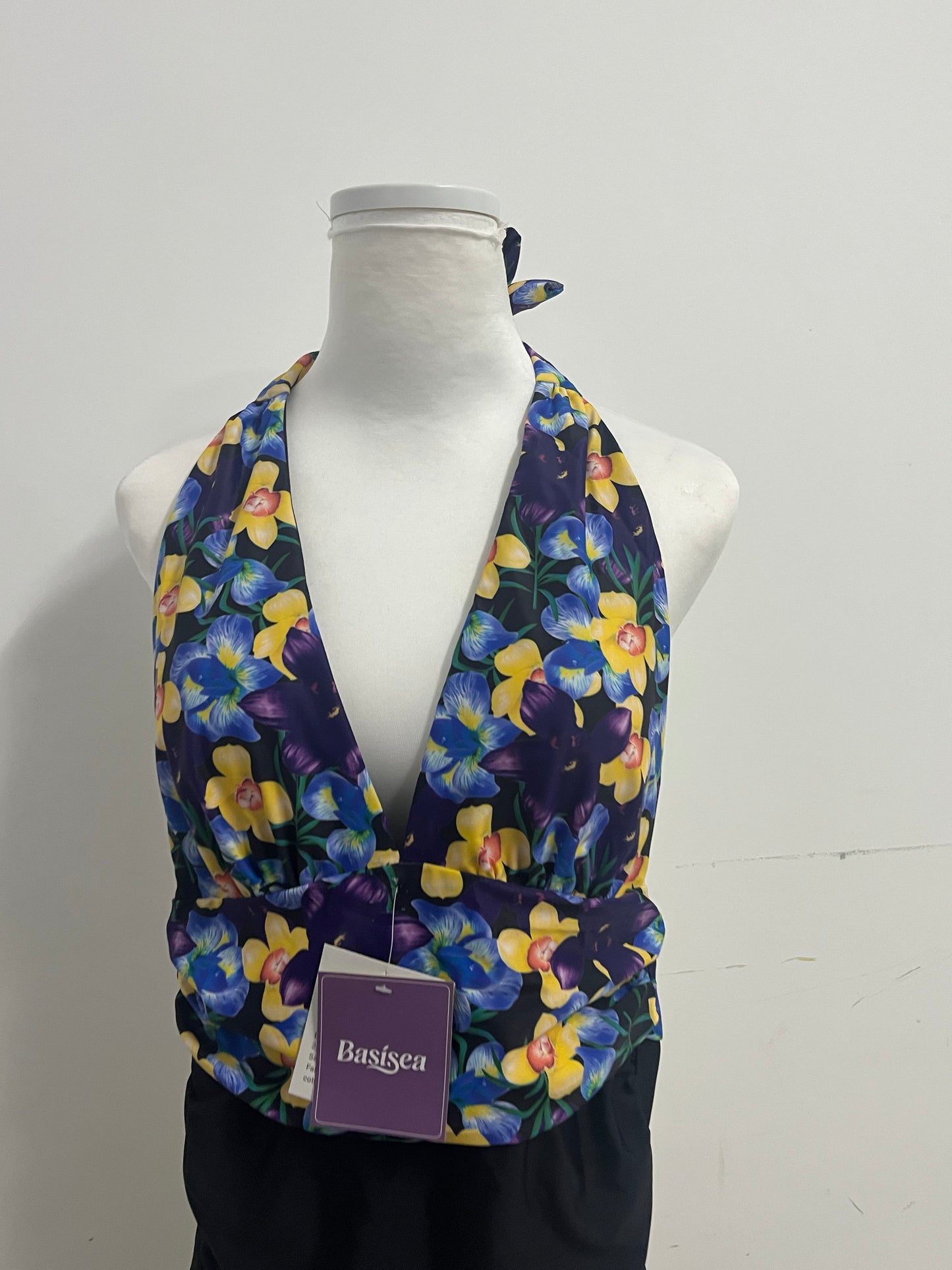 Basisea Retro Floral Halter Two-Piece Swimsuit for Women, Adjustable Neck Tie Deep V Ruched Waist Bathing Suit with High Elastic Quick-Dry Fabric, Vintage Yellow Blue Flower Print Beach Pool Swimwear