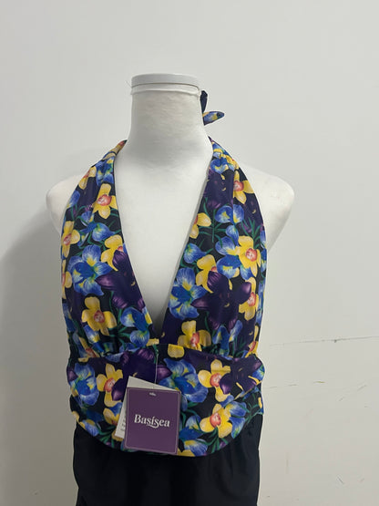 Basisea Retro Floral Halter Two-Piece Swimsuit for Women, Adjustable Neck Tie Deep V Ruched Waist Bathing Suit with High Elastic Quick-Dry Fabric, Vintage Yellow Blue Flower Print Beach Pool Swimwear