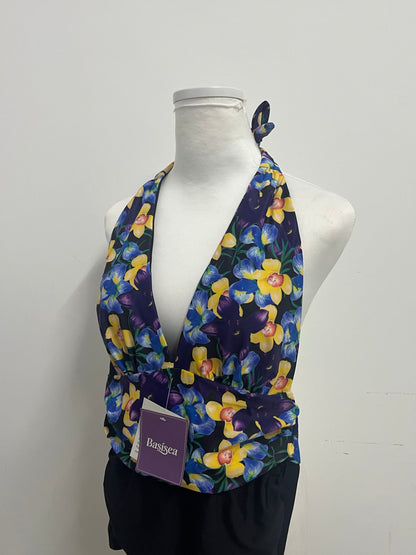 Basisea Retro Floral Halter Two-Piece Swimsuit for Women, Adjustable Neck Tie Deep V Ruched Waist Bathing Suit with High Elastic Quick-Dry Fabric, Vintage Yellow Blue Flower Print Beach Pool Swimwear