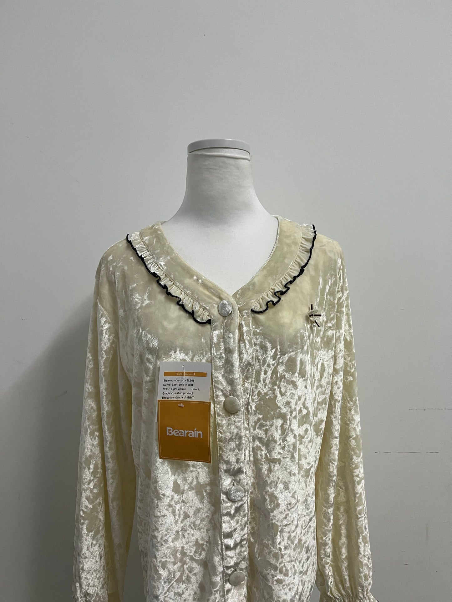 Bearain Light Yellow Sleepwear - Velvet Ruffled Neck Sleep Top for Cozy Elegance