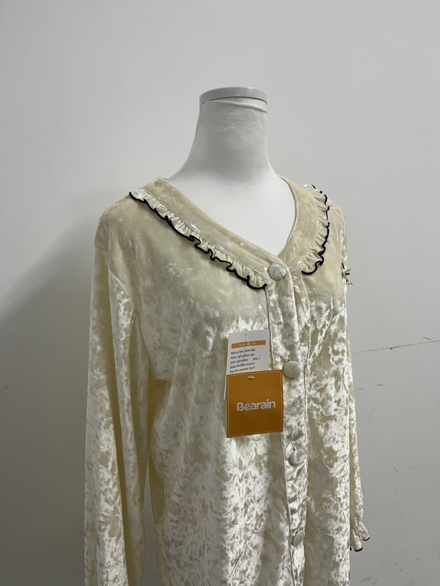 Bearain Light Yellow Sleepwear - Velvet Ruffled Neck Sleep Top for Cozy Elegance