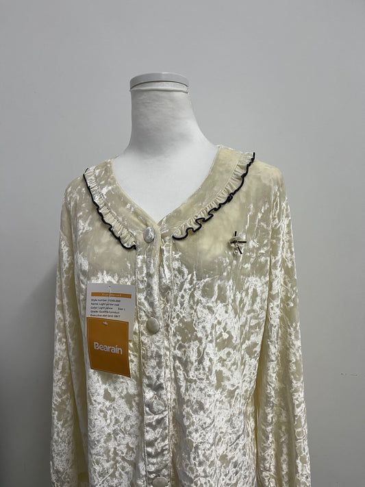 Bearain Light Yellow Sleepwear - Velvet Ruffled Neck Sleep Top for Cozy Elegance