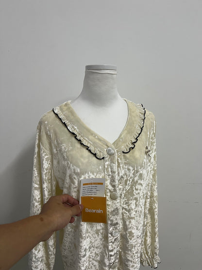Bearain Light Yellow Sleepwear - Velvet Ruffled Neck Sleep Top for Cozy Elegance