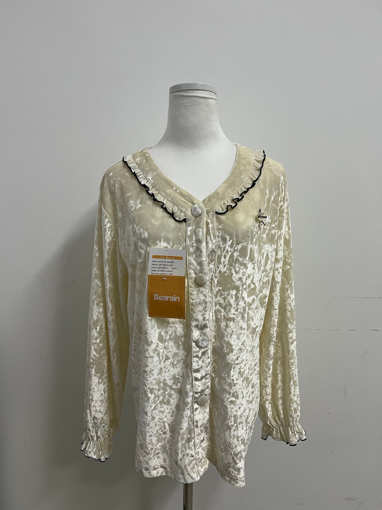 Bearain Light Yellow Sleepwear - Velvet Ruffled Neck Sleep Top for Cozy Elegance