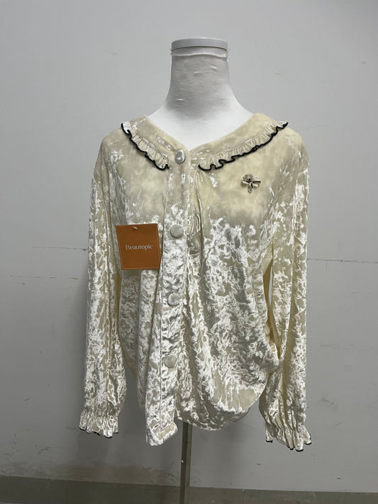 【Beautopic Crushed Velvet Long-Sleeve Nightshirt】—— Luxurious & Cozy Sleepwear with Feminine Details