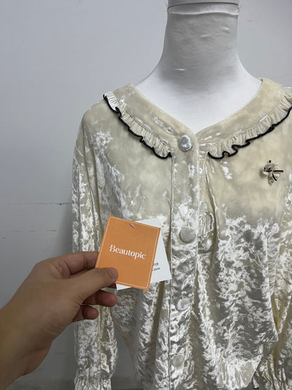 【Beautopic Crushed Velvet Long-Sleeve Nightshirt】—— Luxurious & Cozy Sleepwear with Feminine Details