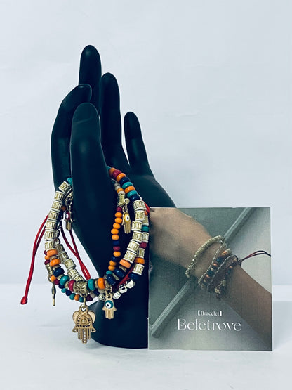 Beletrove Bohemian Layered Beaded Bracelet Set - Multicolor Ethnic Stackable Bracelets with Evil Eye & Hamsa Charms for Women
