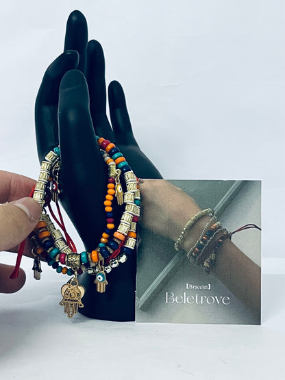 Beletrove Bohemian Layered Beaded Bracelet Set - Multicolor Ethnic Stackable Bracelets with Evil Eye & Hamsa Charms for Women