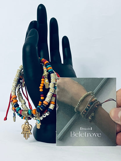 Beletrove Bohemian Layered Beaded Bracelet Set - Multicolor Ethnic Stackable Bracelets with Evil Eye & Hamsa Charms for Women