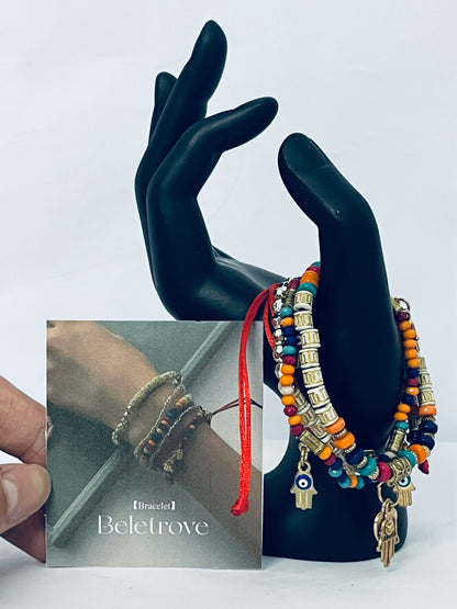 Beletrove Bohemian Layered Beaded Bracelet Set - Multicolor Ethnic Stackable Bracelets with Evil Eye & Hamsa Charms for Women