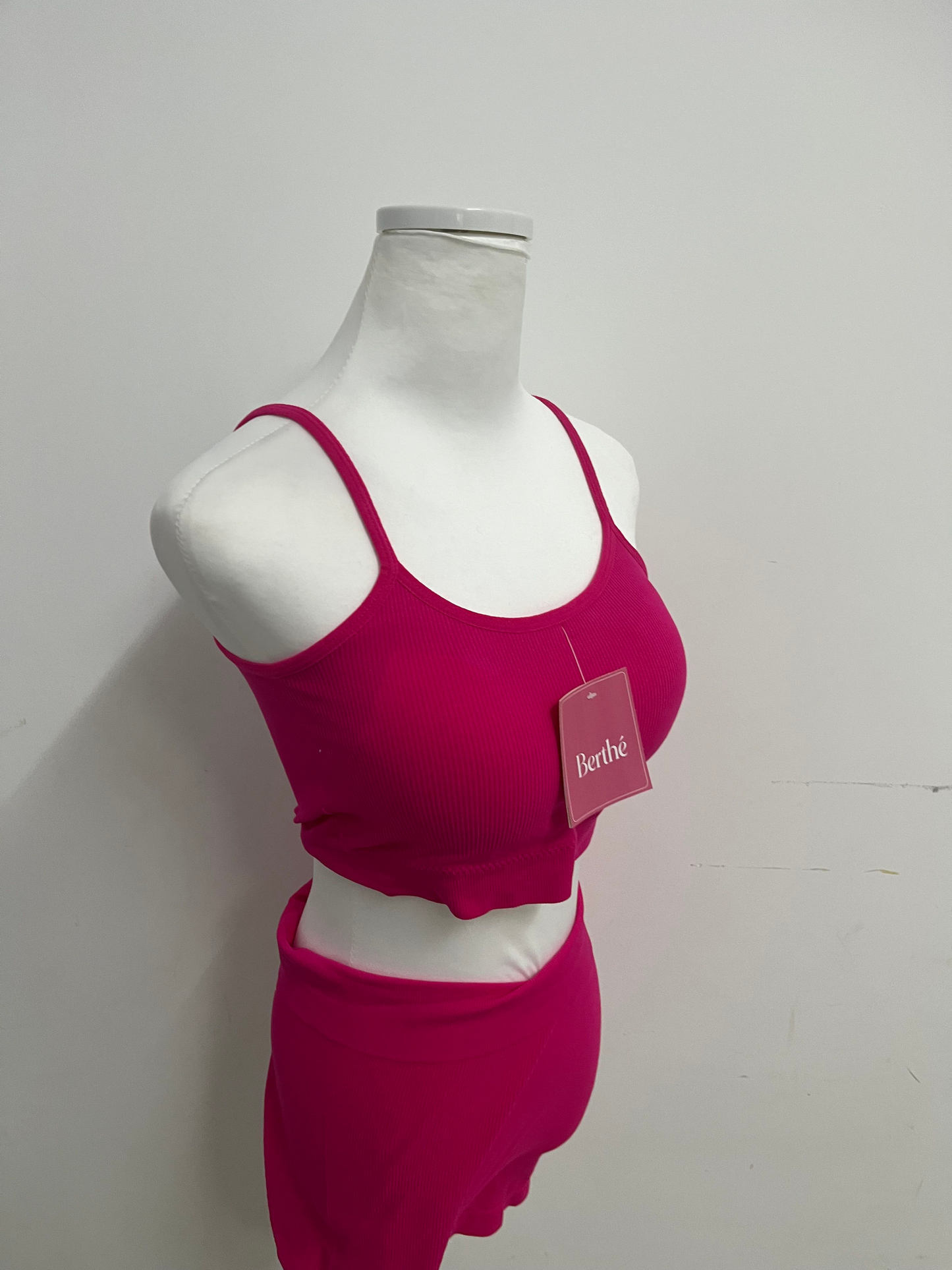 Berthe Fuchsia Activewear Set - Ribbed Fabric Crop Tank & Skort Shorts