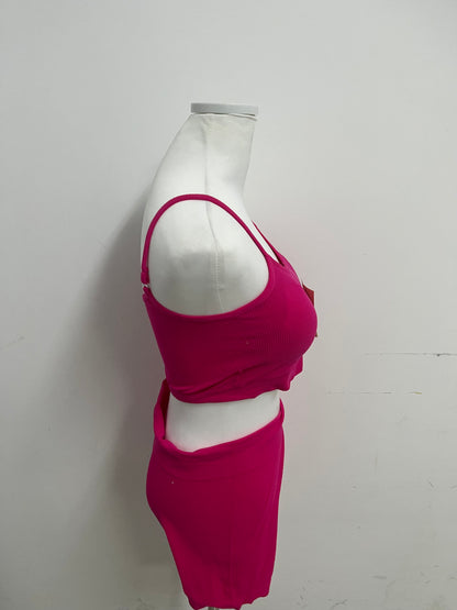 Berthe Fuchsia Activewear Set - Ribbed Fabric Crop Tank & Skort Shorts