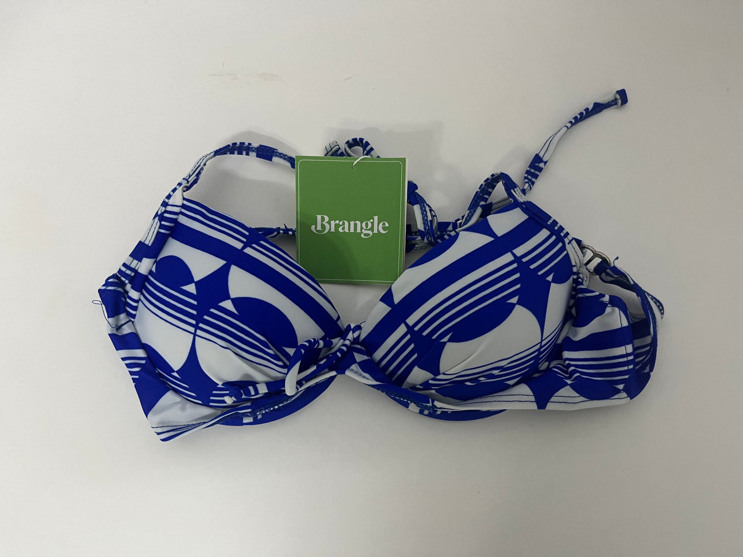 Brangle Blue & White Geometric Print Bikini Top, Push-Up & Slimming, Stylish Swimwear for Beach Vacations